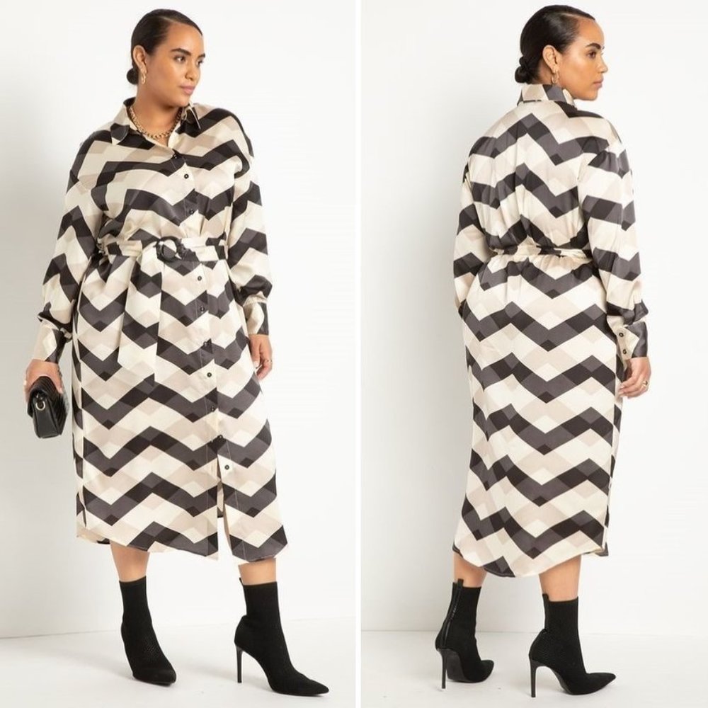 🖤 NEW Eloquii Satin Midi Shirtdress in Shadow Chevron 22